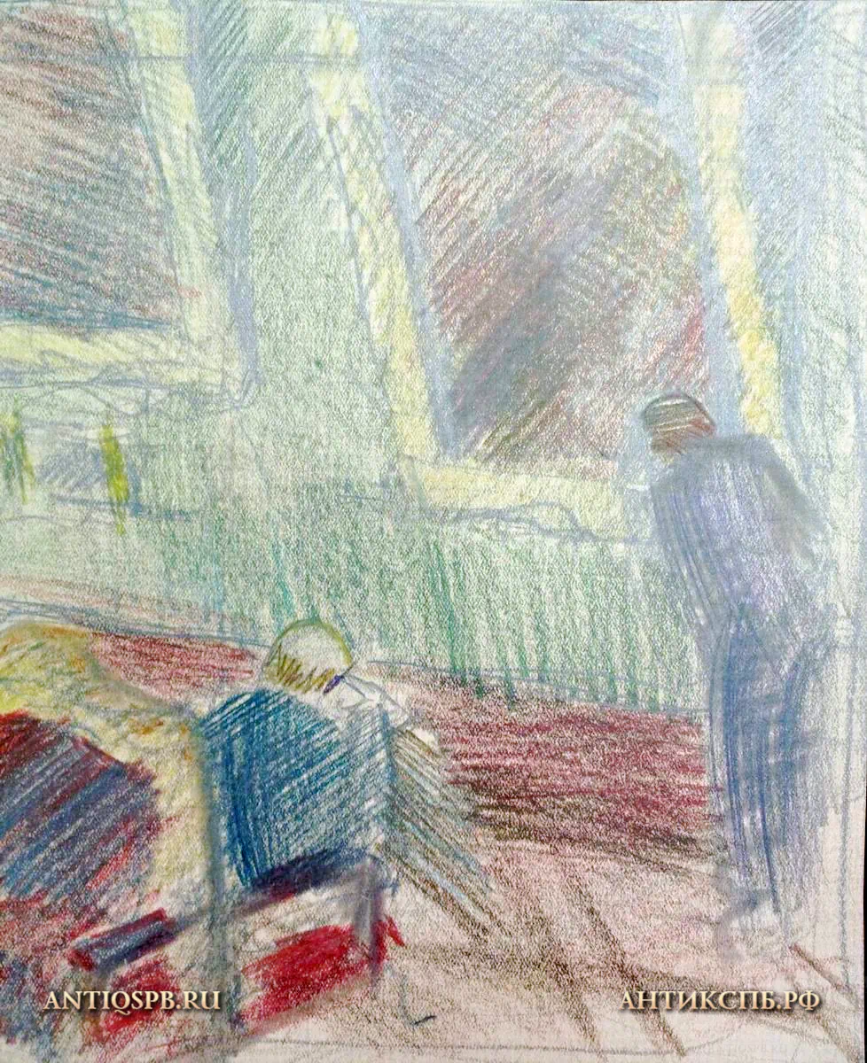 17341.22. Рисунок "В музее". Бумага, цветные  карандаши. Вт. пол. ХХ века. СССР